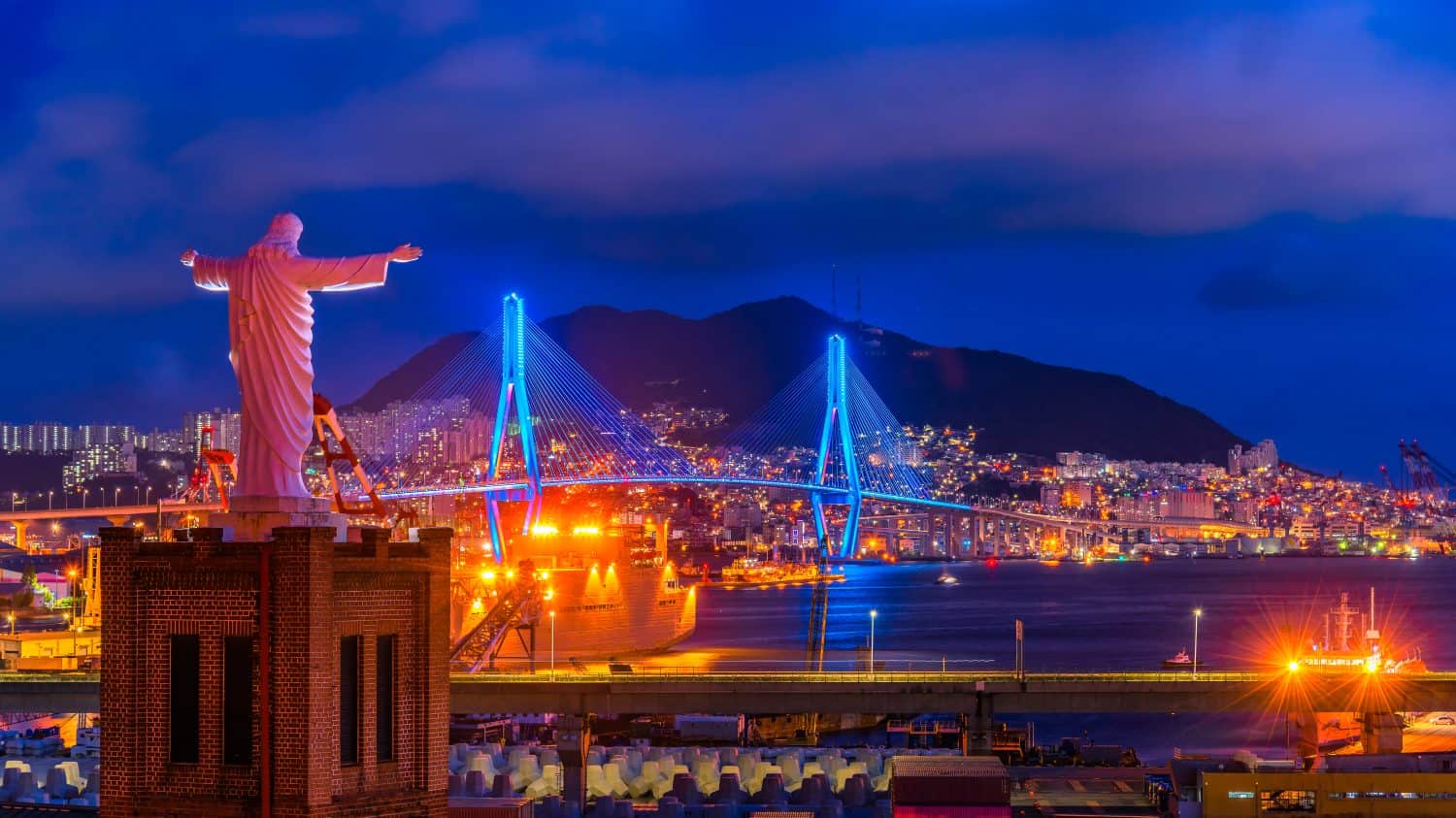 ์Night View At Jesus Statue and Busan port Bridge, Busan, In Korea.