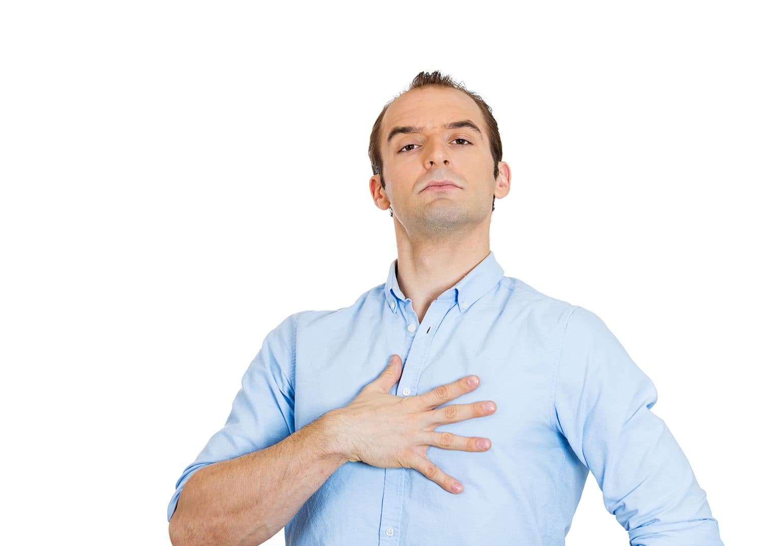 Closeup portrait of arrogant aggressive bold self-important uppity stuck up man with napoleon complex, short man syndrome, isolated on white background. Negative emotion facial expression feelings.