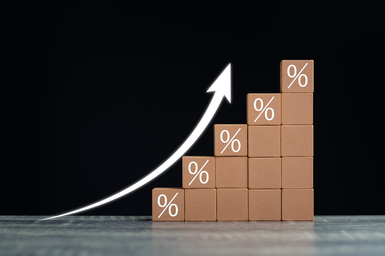 Interest rate financial and mortgage rates concept. Wooden blocks with Icon percentage symbol and arrow pointing up. The economy is improving. on wooden table, and black background. business concept.