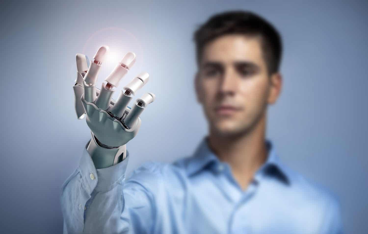 Young man controlling electronic robotic hand. 3d rendering. Connection to robotic limb. Conceptual image about cybernetics and bionics enhancement.