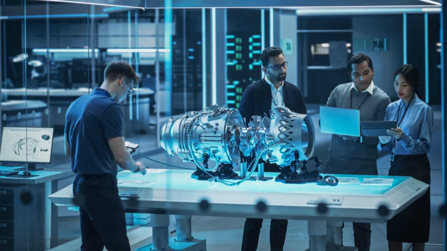 Smart Team of Engineers, Project Manager and Machinery Operators Collaborate on a New Type of a Electric Turbine Engine, Standing with Tablet and Laptop Computers in Scientific Technology Lab.