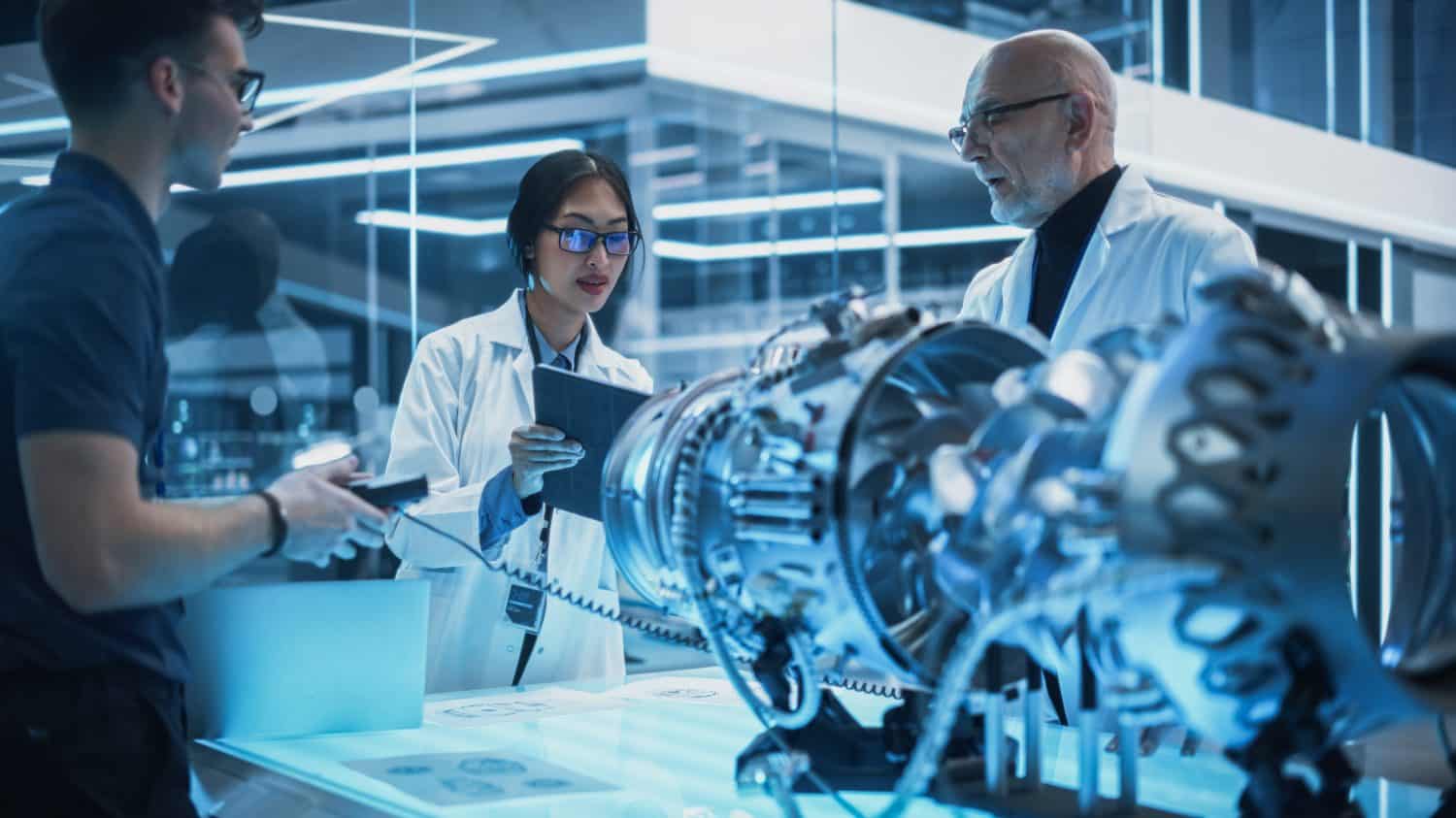 Diverse Multiethnic Team of Industrial Engineers Gathered Around a Table With a Prototype Turbine Engine. Scientists Use Tablet Computer to Research, Develop and Program the Futuristic Motor.