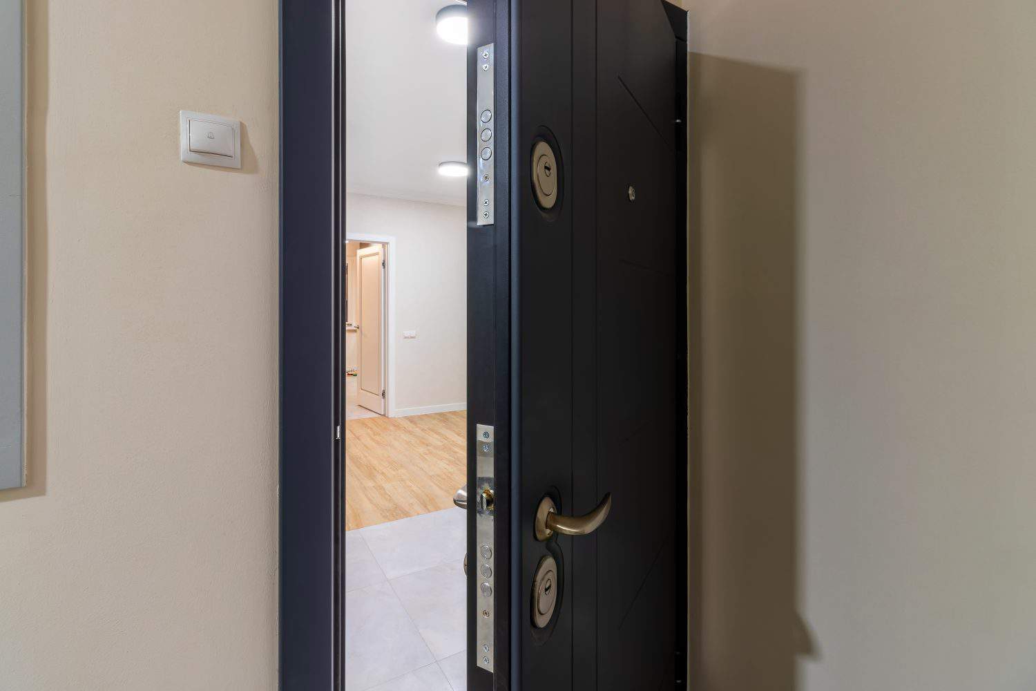 An open home metal door, black. Entrance to the apartment.