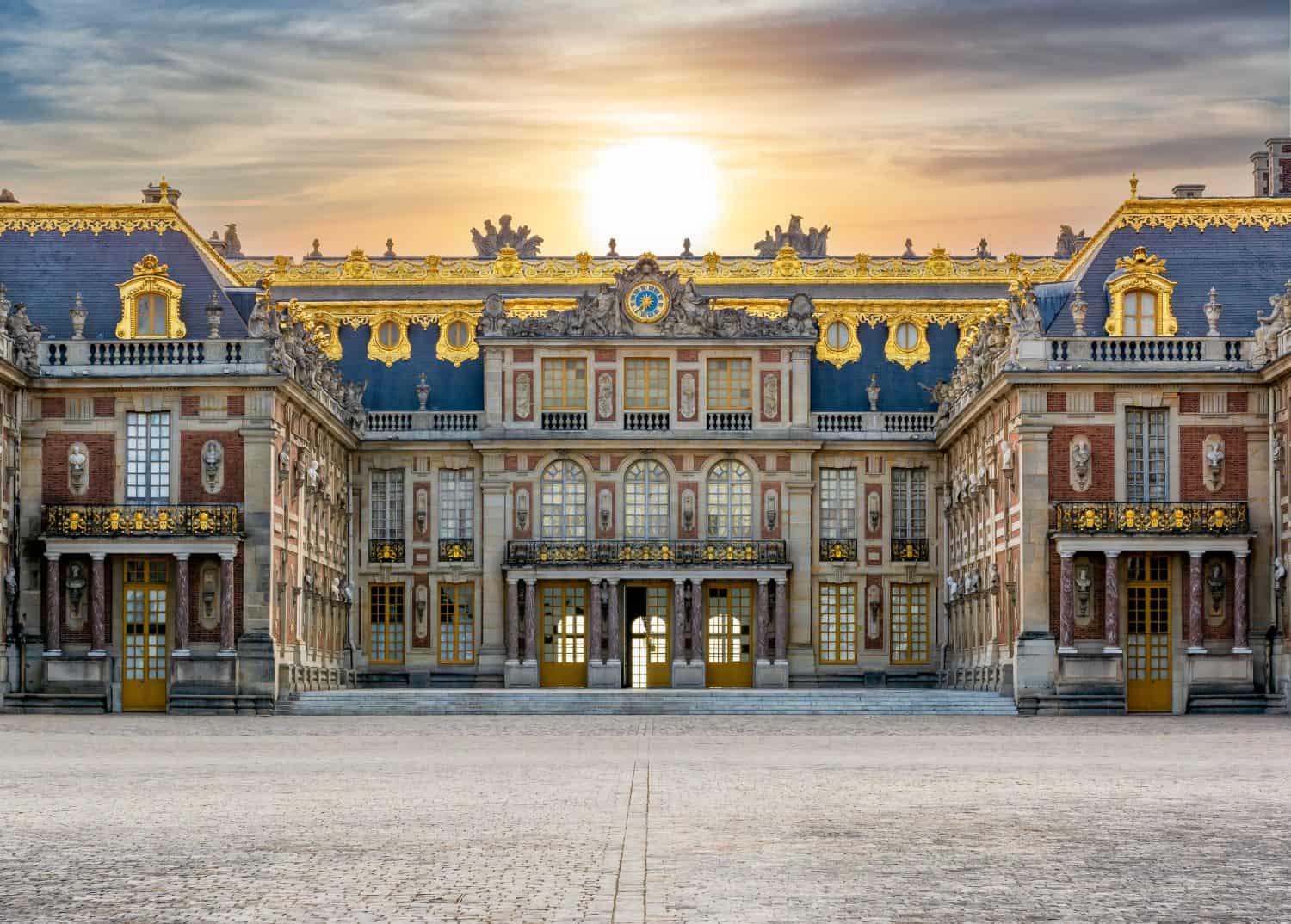 Versailles palace outside Paris at sunset, France