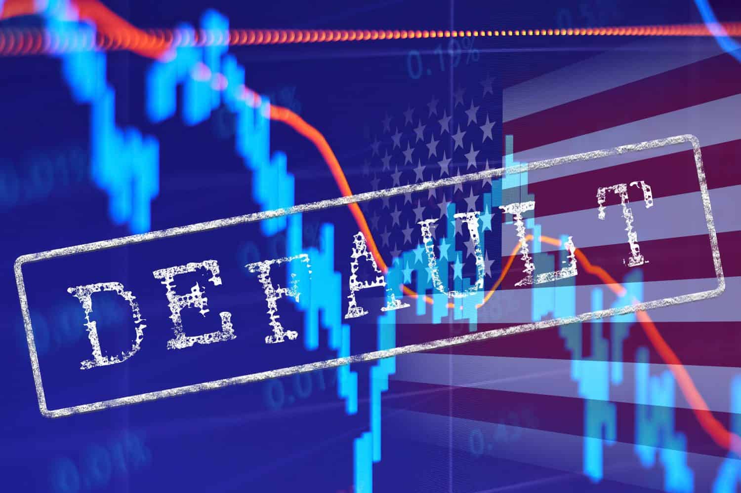 White DEFAULT inscription against the background of the US flag and falling stock charts