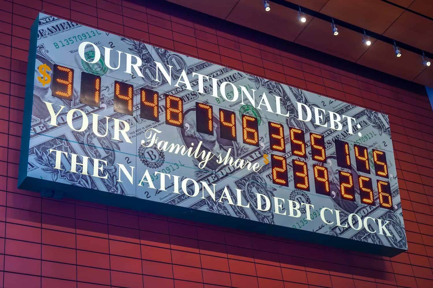 View of the National Debt Clock in Midtown Manhattan. The clock shows gross national debt and each family's share of that debt