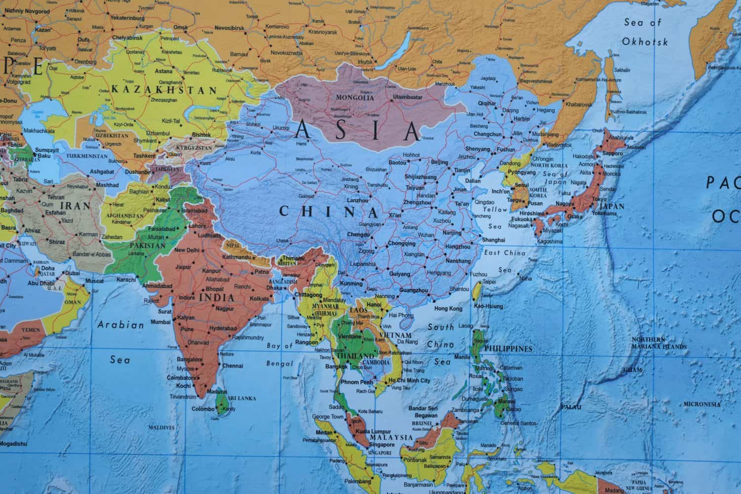 Close up of Asia on world map