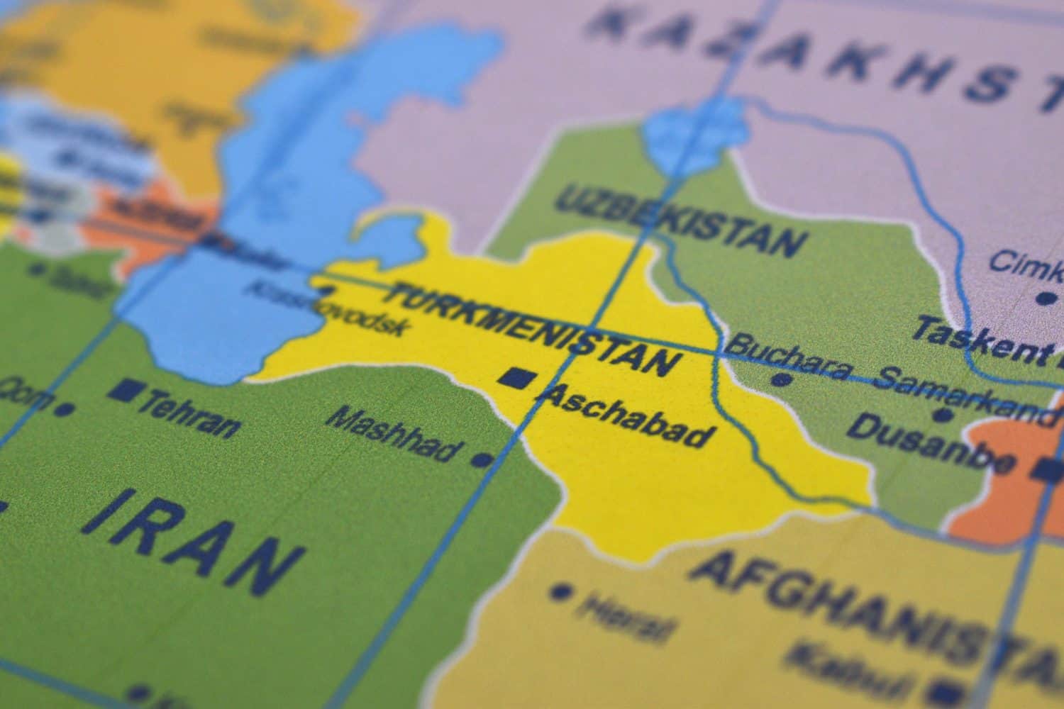 macro view of a political map of Turkmenistan, Uzbekistan, Kasakhstan