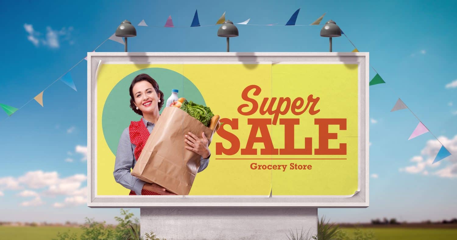 Vintage style grocery shopping advertisement on billboard with happy housewife holding a bag full of groceries