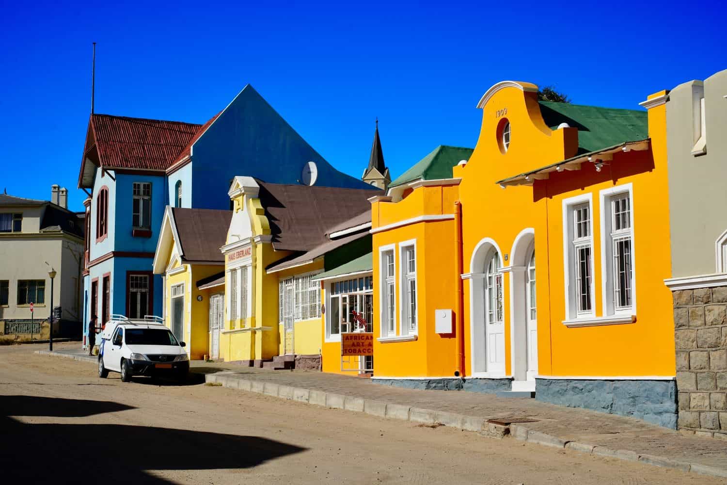 Colourful painted German colonial-era houses in Bergstrasse, Luderitz, Namibia