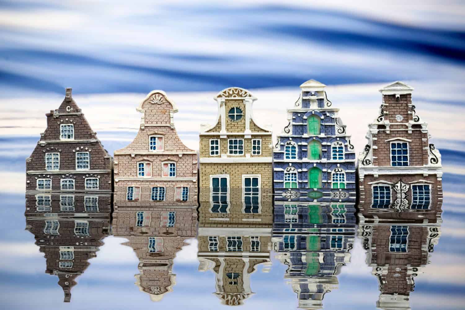Graphic image of partly submerged houses whose structure resembles the historic Dutch - styled architecture