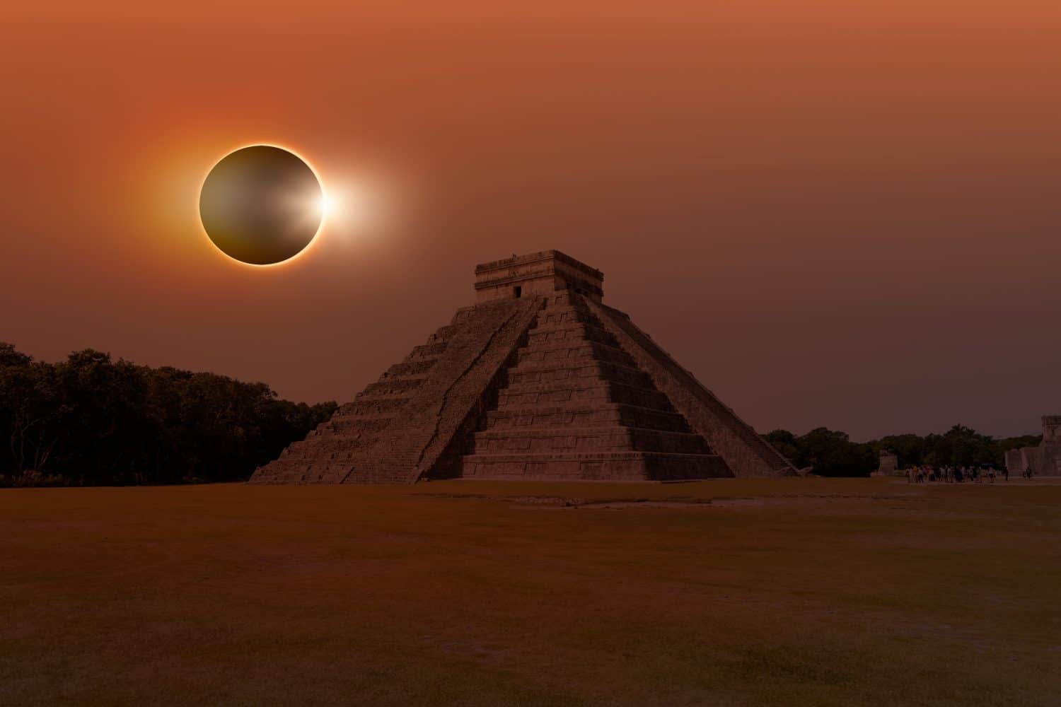 Solar Eclipse - Pyramid of Kukulcan in the Mexican city of Chichen Itza - Mayan pyramids in Yucatan, Mexico