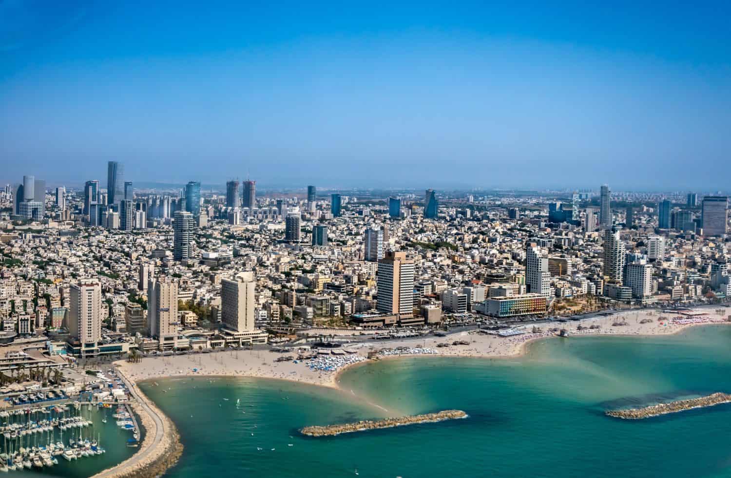 Aerial view of Mediterranean Seashore of Tel Aviv, Israel.