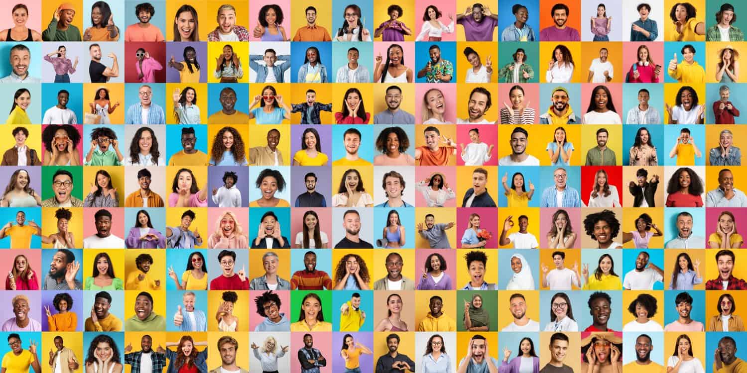 This colorful collage features a global diversity of multiracial, multiethnic, and international smiling people embodying unity