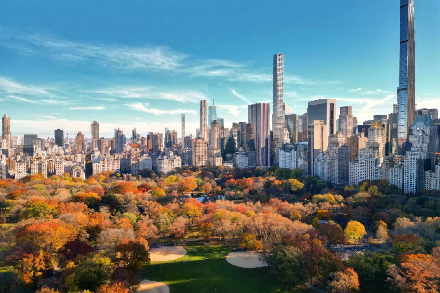 New York City Central Park. Top view with Autumn tree. Autumn Central Park view from drone. Aerial of NY City, panorama in Autumn. Autumn in Central Park. Central Park Fall Colors of foliage.