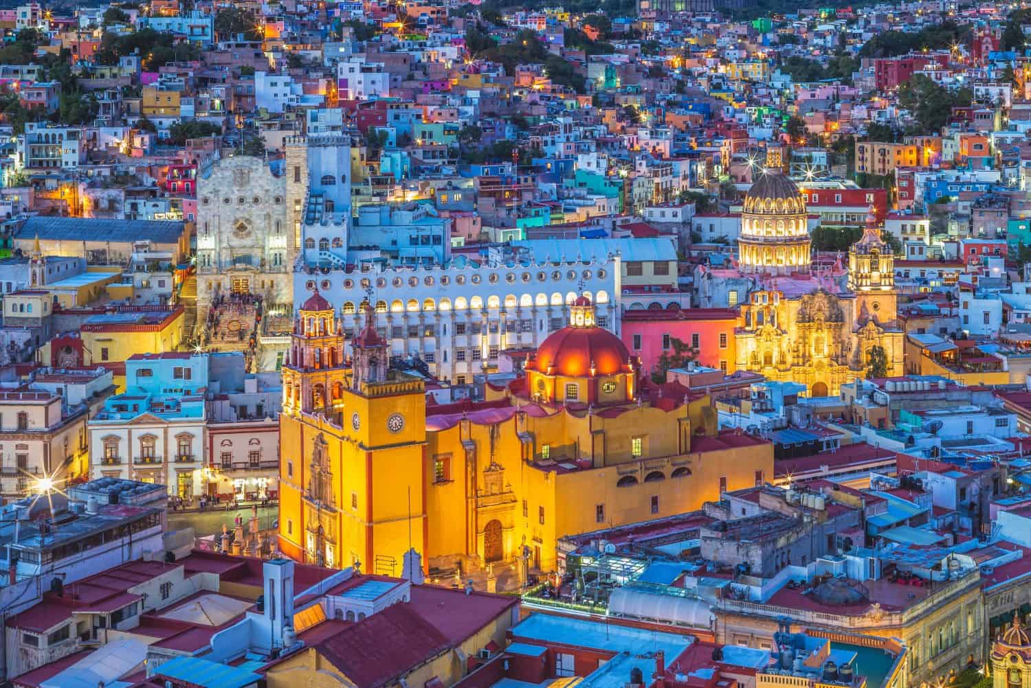 scenery of guanajuato with cathedral in guanajuato, mexico at night