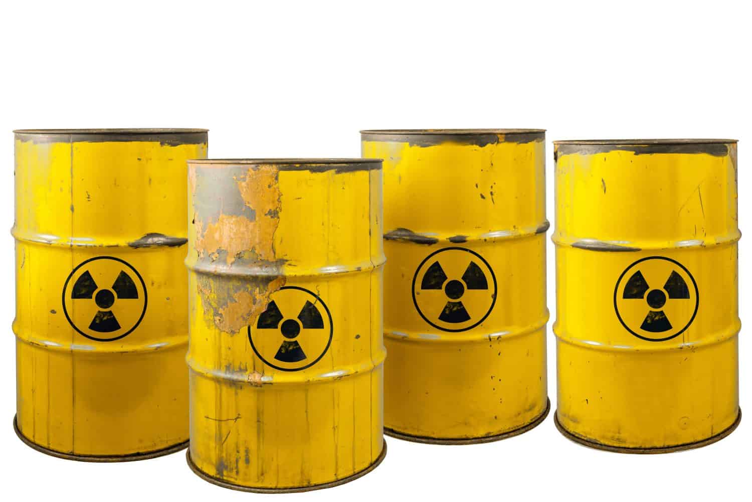 Barrel with radioactive waste. Nuclear warning sign. Rusty dangerous barrel with radionuclide, hazardous toxins on isolated background