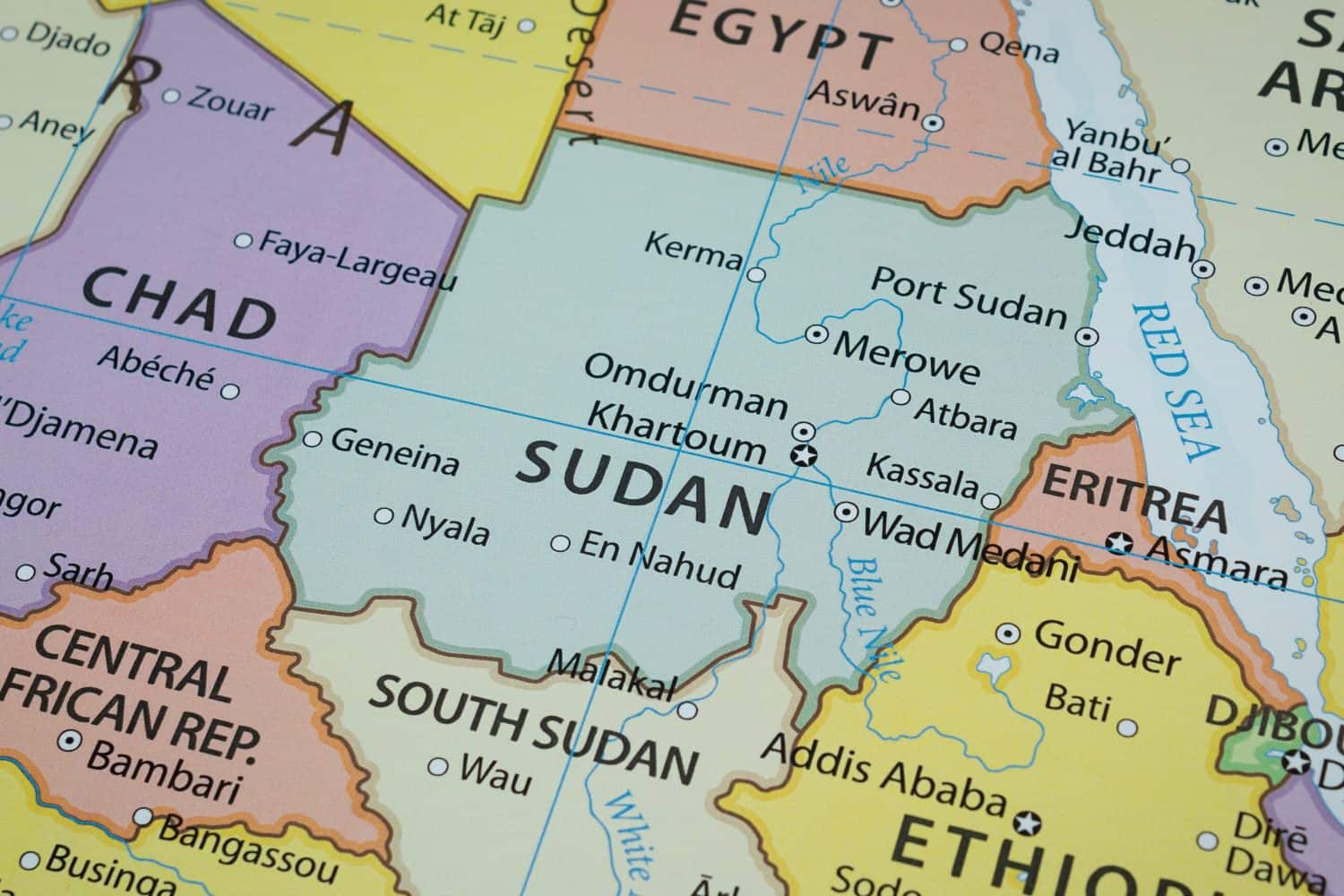 Close up to a Sudan political map with country frontiers and most importants cities