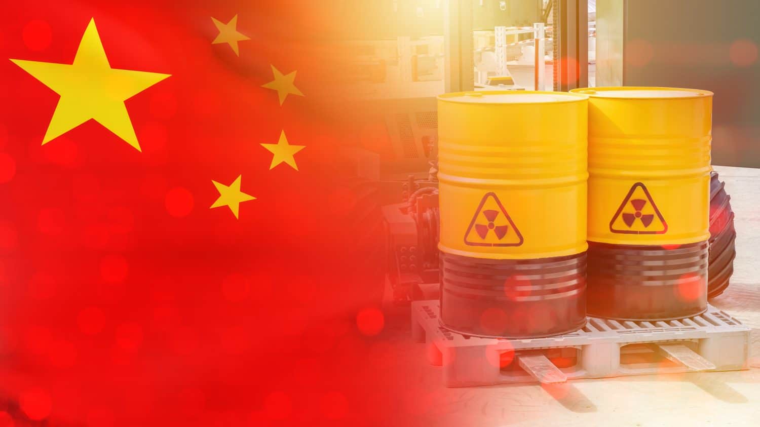 Barrels with uranium products. Flag of China. Hazardous substances for nuclear energy. Barrels of uranium are supplied to China. Transportation of radioactive waste. Uranium supplies to China.