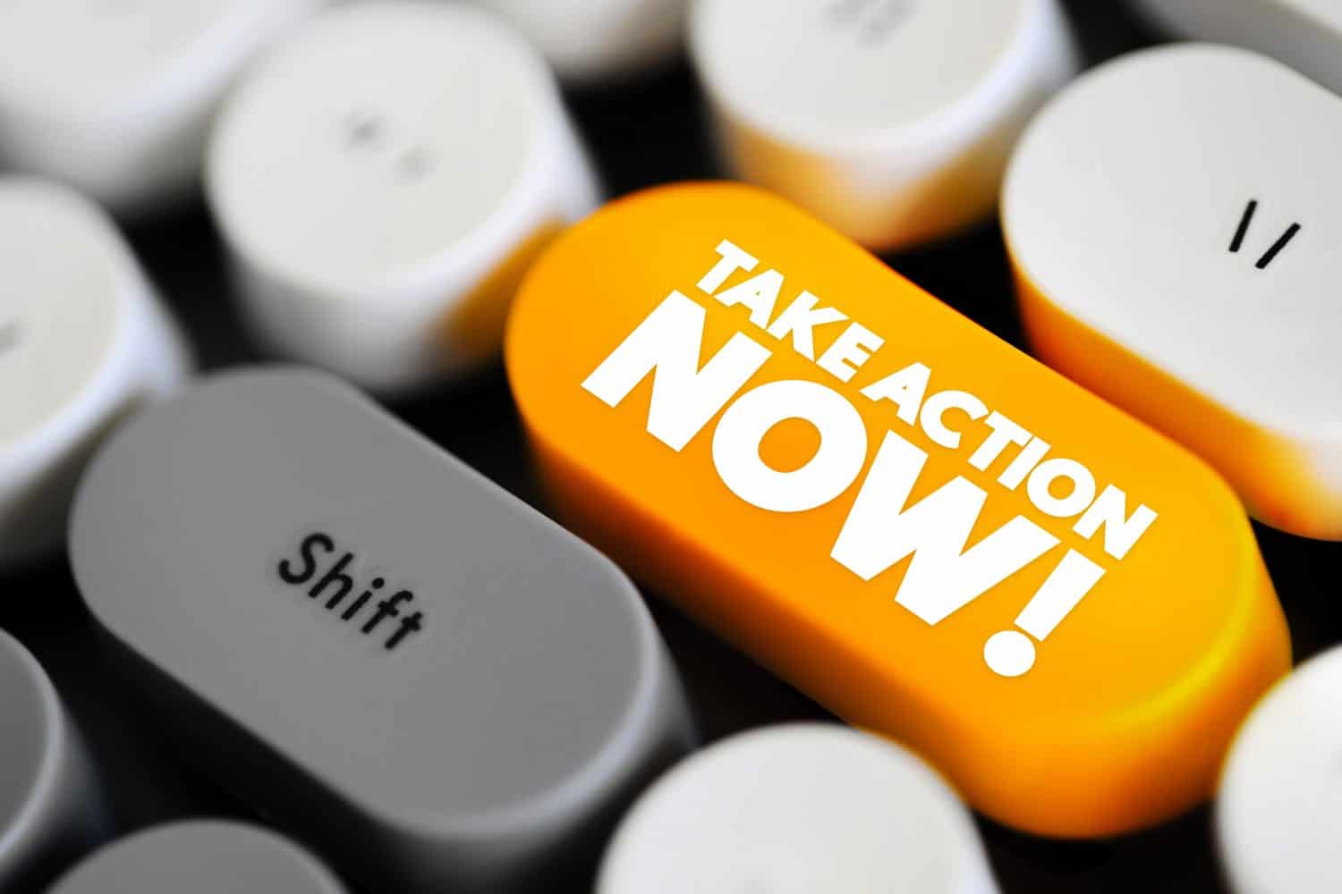 Take Action Now is an imperative statement urging someone to act promptly or immediately, text concept button on keyboard