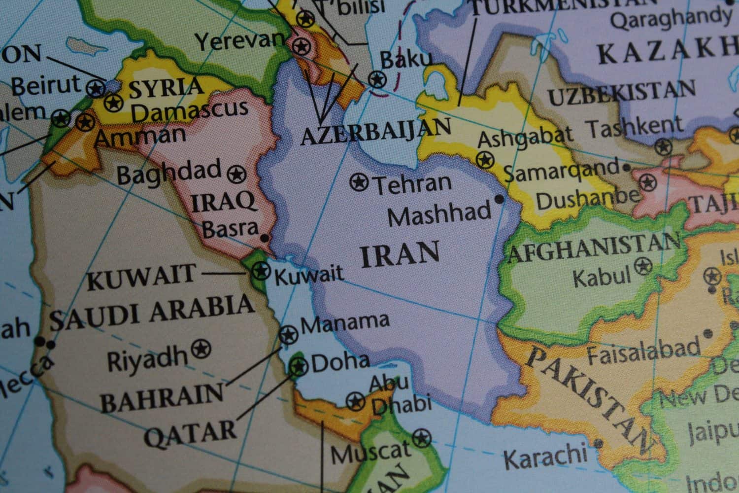 close up of the country of Iran viewed on a wold map as a travel concept. Iran and Middle east on a map