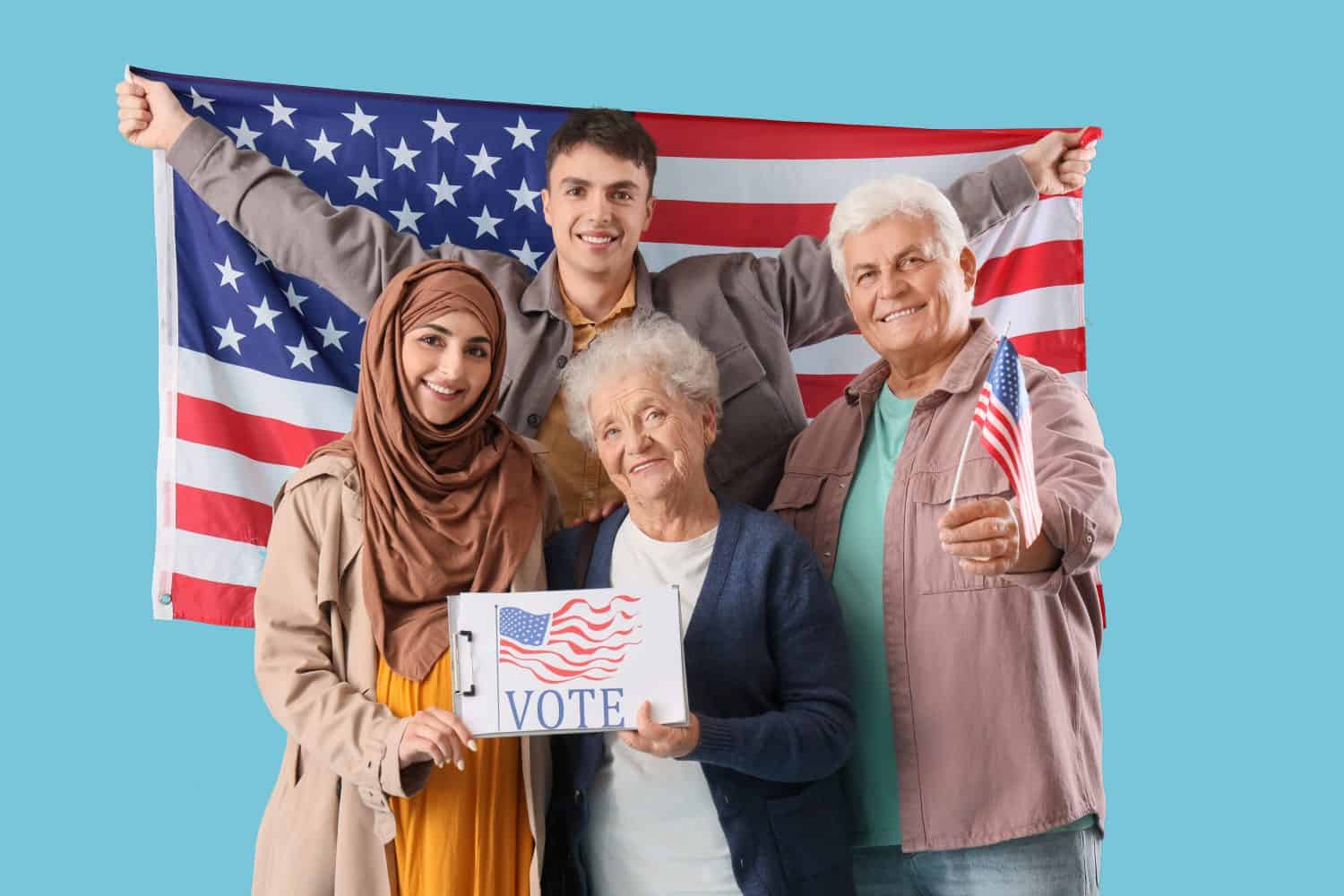 Voting people with ballot box and USA flags on blue background