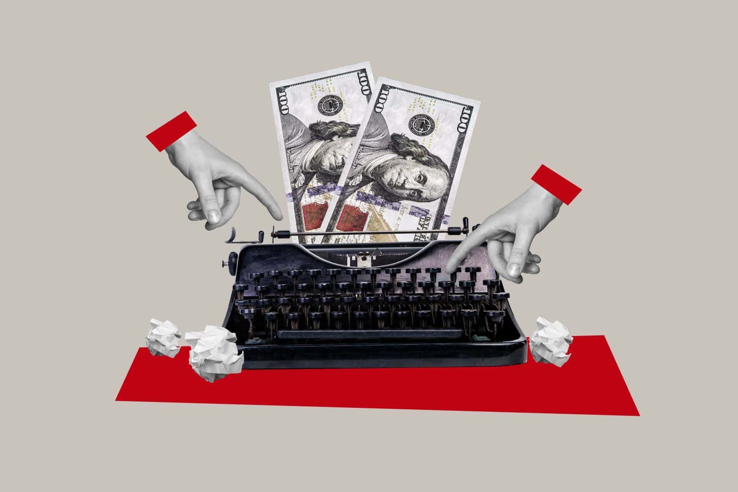 Composite photo collage of hands type old typewriter machine letter novelist print money dollar income isolated on painted background