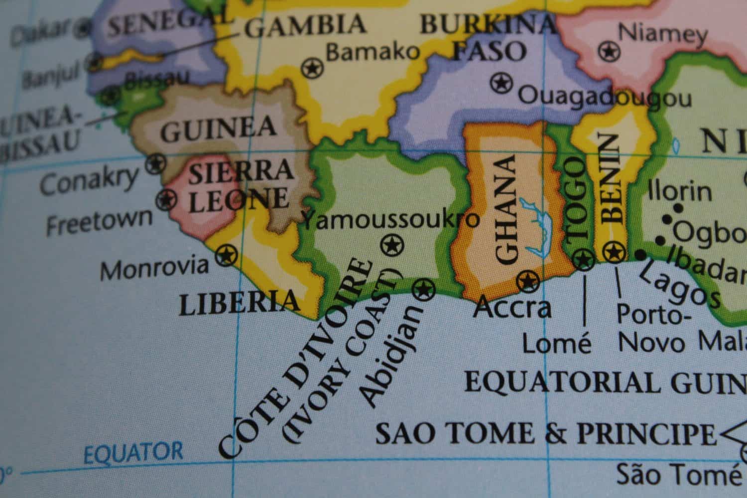 close up of the country of Cote D Ivore viewed on a wold map as a travel concept. Ivory Coast on a map