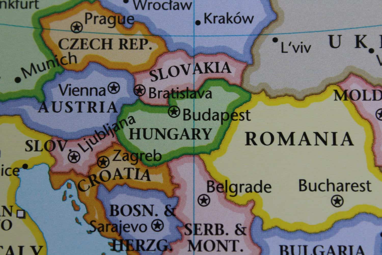 close up of the country of Hungary viewed on a wold map as a travel concept. Hungary on a map