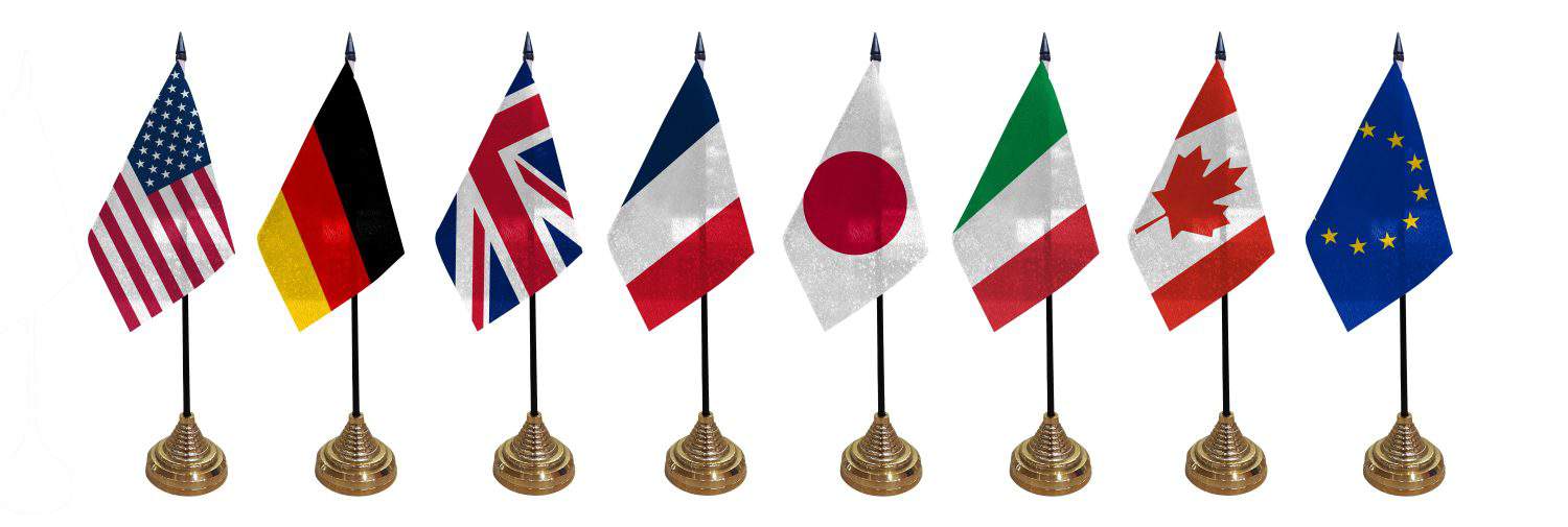 Flags of the world&#039;s G7, G7, countries, seven major developed economies in frame on white background illustration. UK, Italy, US, Germany, France, Canada and Japan.