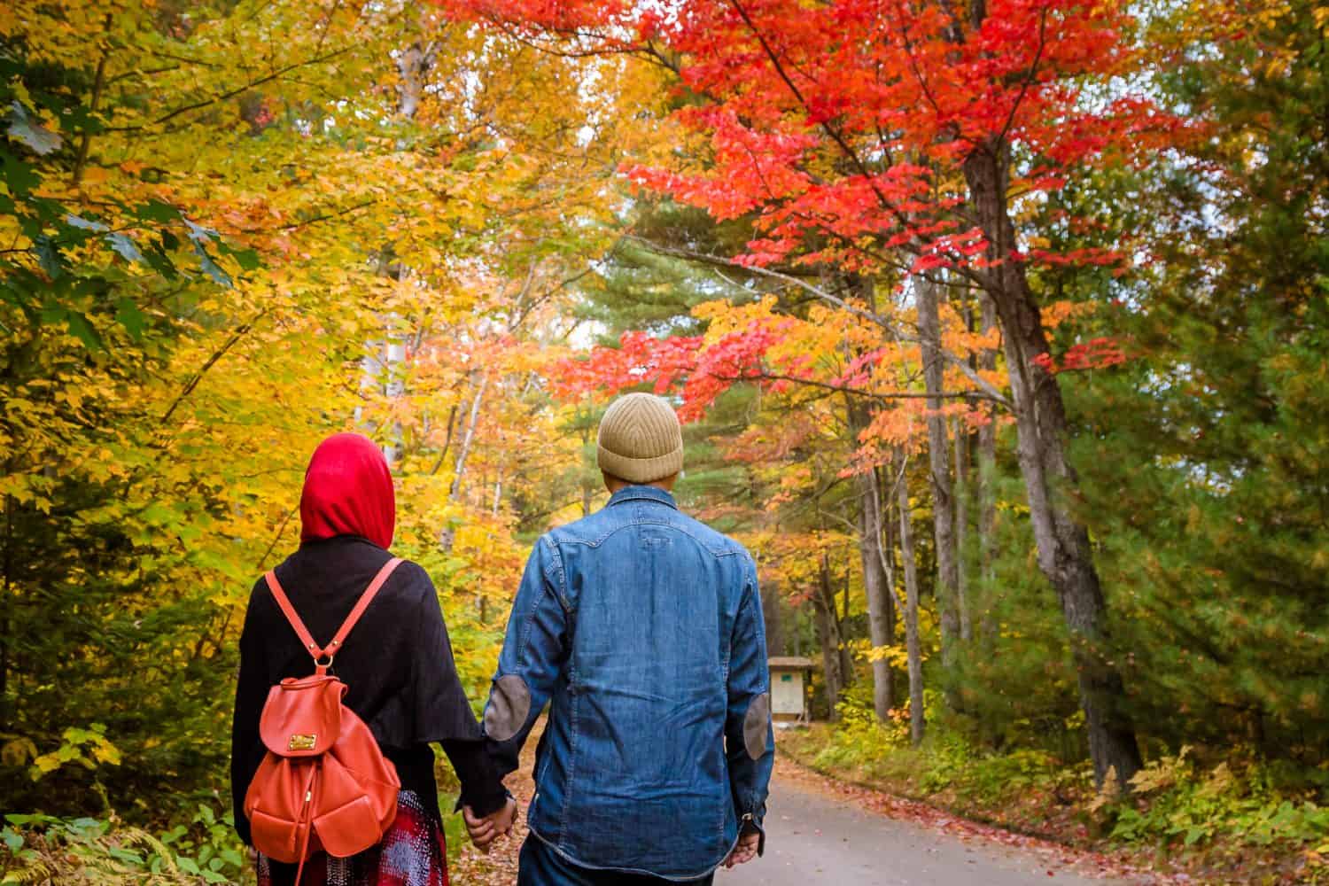 Muslim couple with colourful trees as background during autumn season