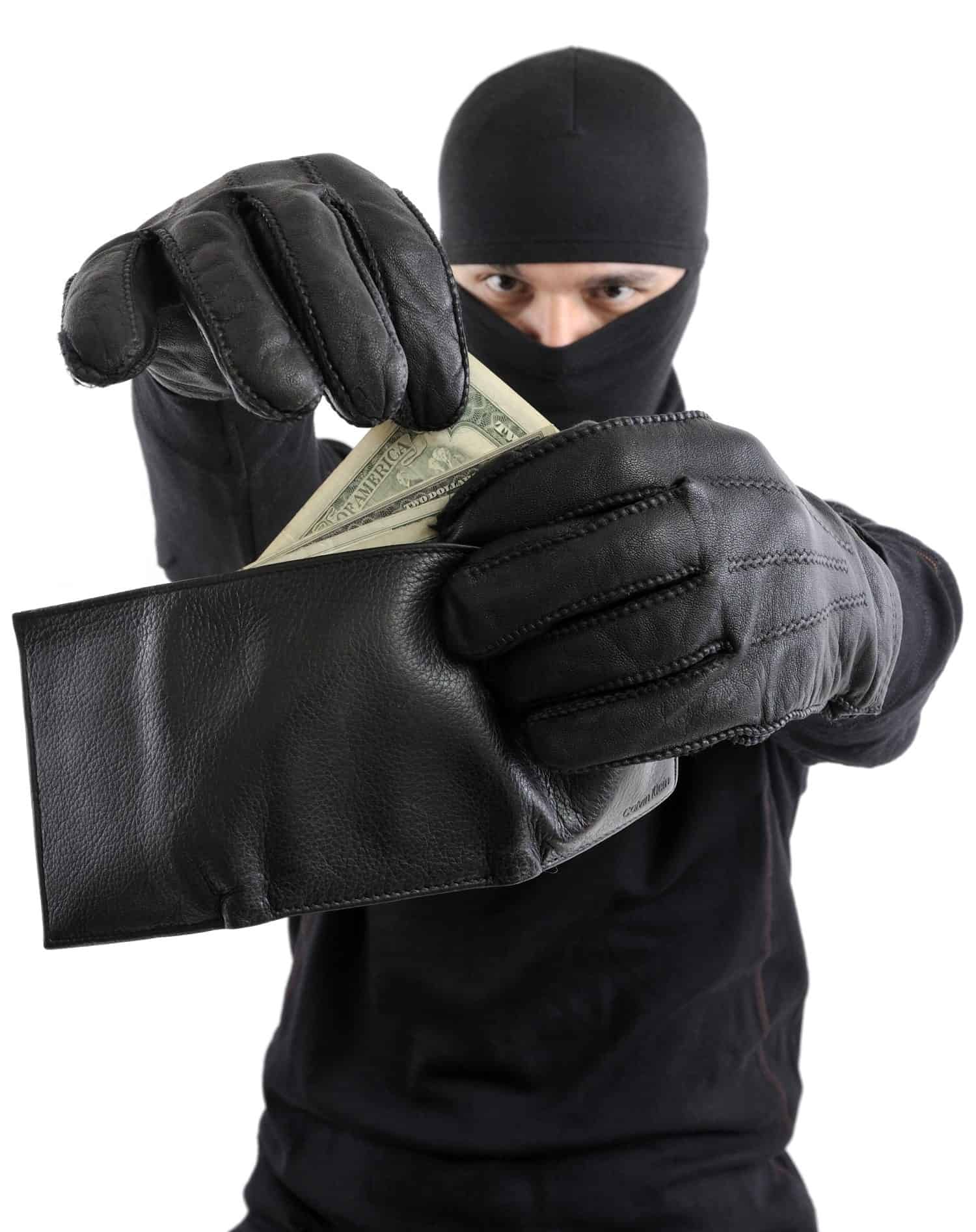 Robber takes money from stolen wallet isolated on white background.