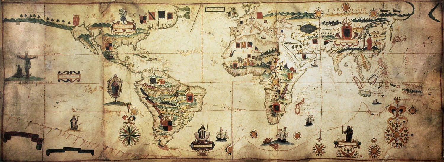 Antique world planisphere portolan map of Spanish and Portuguese maritime and colonial empire. Created by Antonio Sanches, published in Portugal, 1623