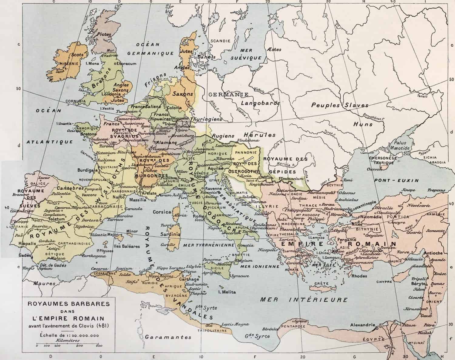 Old map of Barbarian kingdoms before Clovis I. By Paul Vidal de Lablache, Atlas Classique, Librerie Colin, Paris, 1894