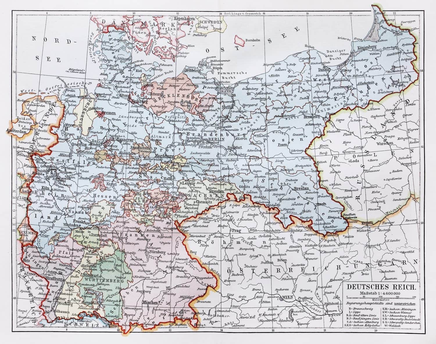 Vintage map representing German Reich at the end of 19th century - Picture from Meyers Lexicon books collection (written in German language ) published in 1906 , Germany.