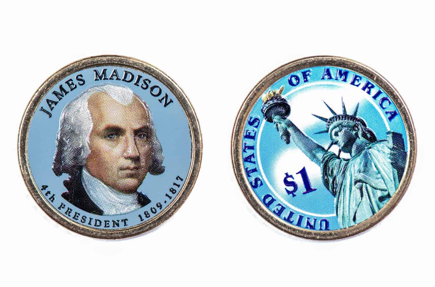 James Madison Presidential Dollar, USA coin a portrait image of JAMES MADISON in God We Trust 4th PRESIDENT 1809-1817 on $1 United Staten of Amekica, Close Up UNC Uncirculated - Collection