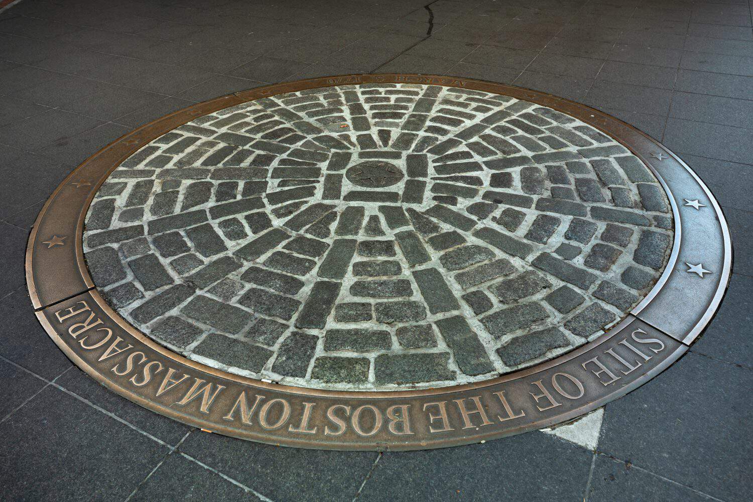 Historic marker of the Site of the Boston Massacre on State Street along the Freedom Trail in Boston, Massachusetts, USA