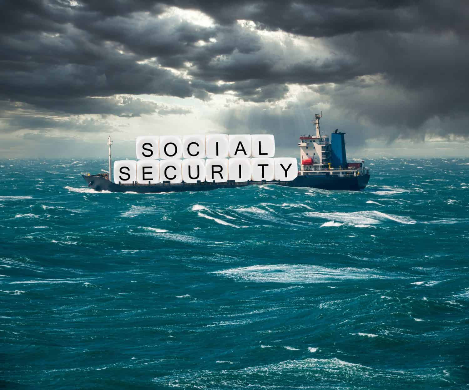 Social Security letters carried on freight ship in stormy seas as concept for issues around funding of USA pensions to seniors