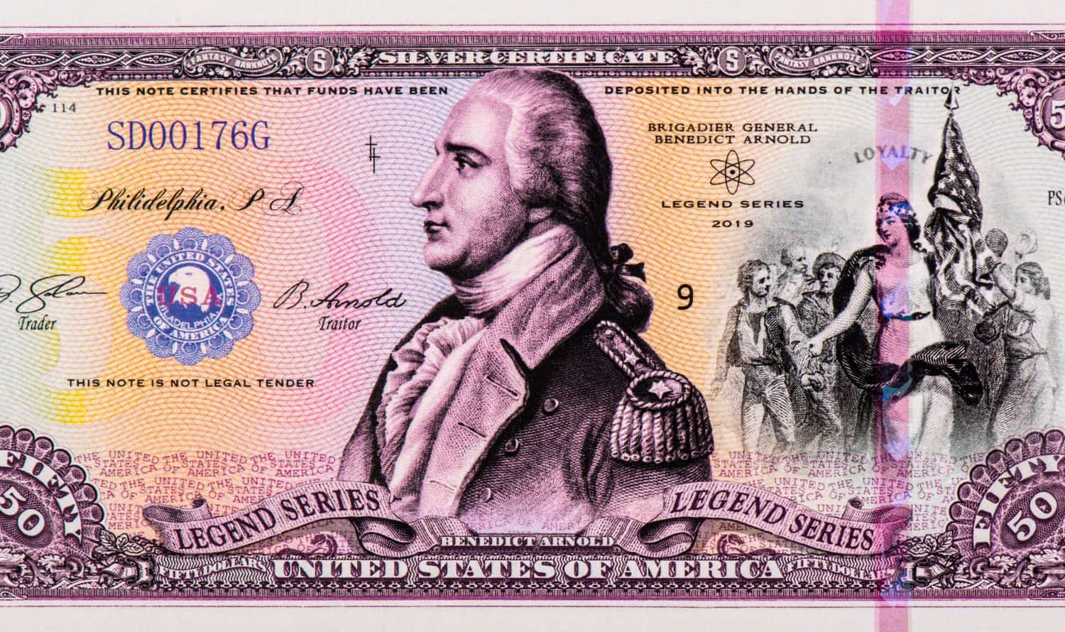 Benedict Arnold Portrait from USA 50 dollars, Private Issue Polymer 2019 Banknotes.