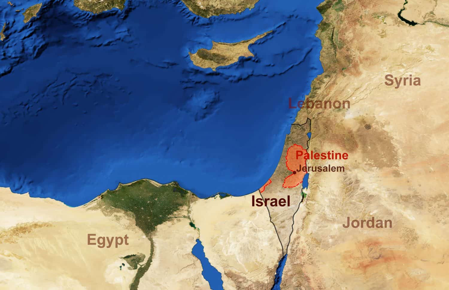 Israel and Palestine map in satellite picture, flat view of conflict territory from space. Detailed Middle East map with terrain texture. Media, photo theme. Elements of this image furnished by NASA.