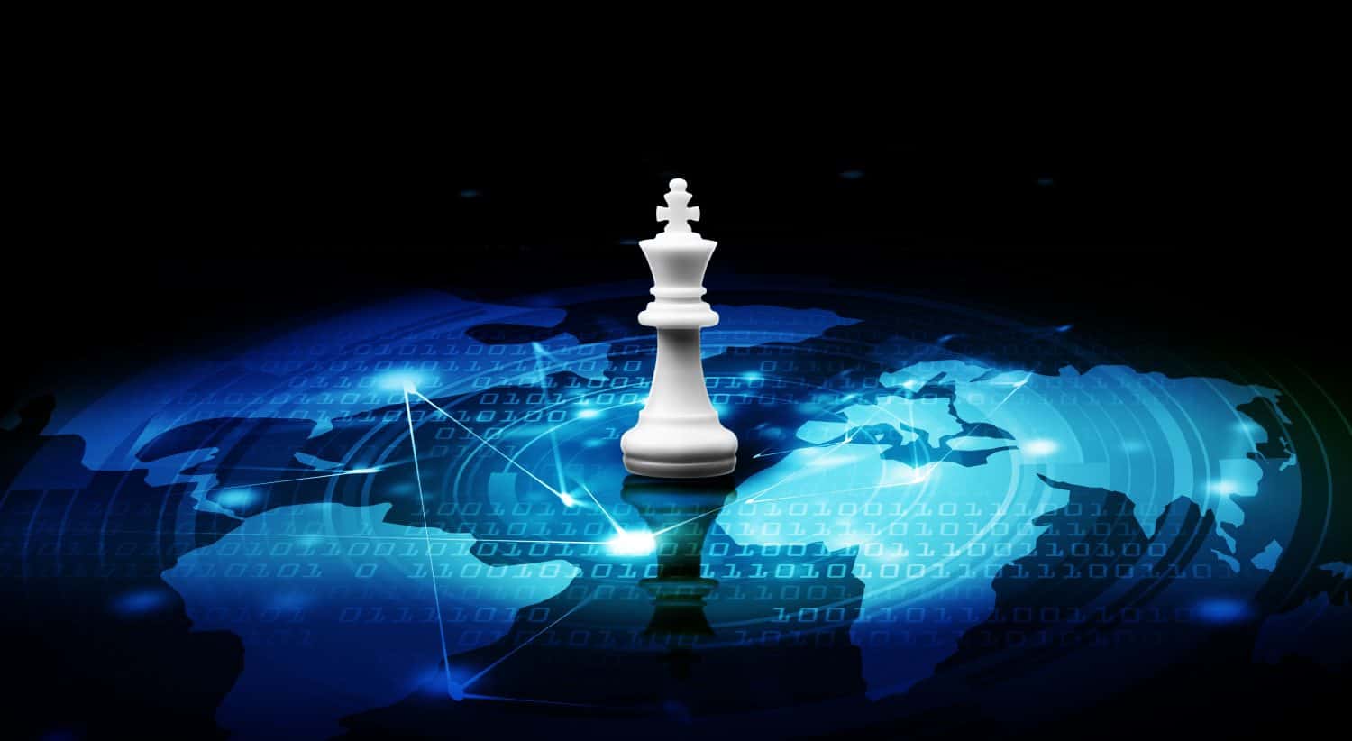 White King chess stand on top for the futuristic digital world map, Leader with SEO and smart data in digital online marketing survival concept