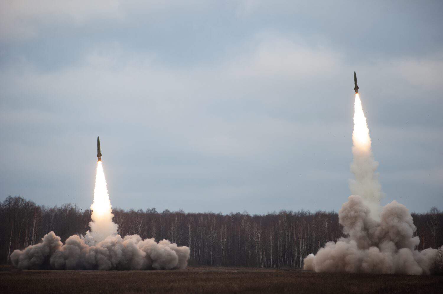 Launch of military missiles (rocket artillery) at the firing field during military exercise