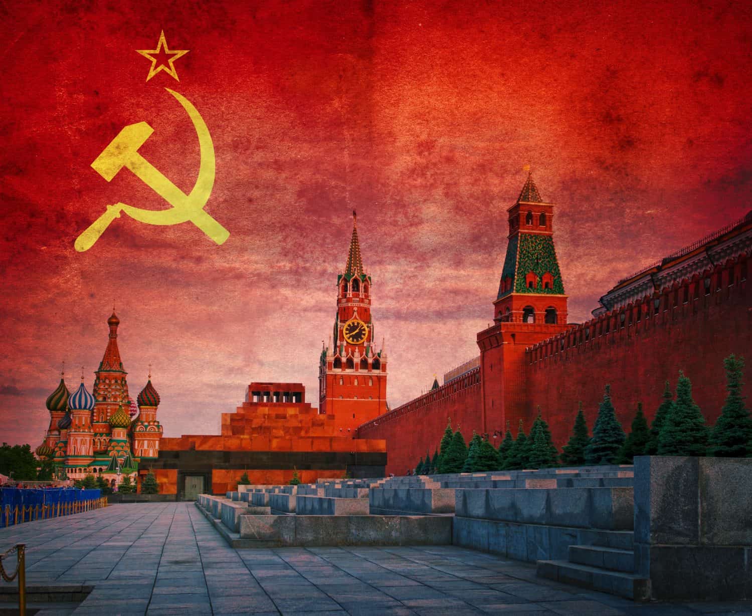 The Kremlin and Red Square in Moscow on the background of the USSR flag. Historical background on the theme of communism, revolution, cold war, socialism, etc. Moscow, Russia.