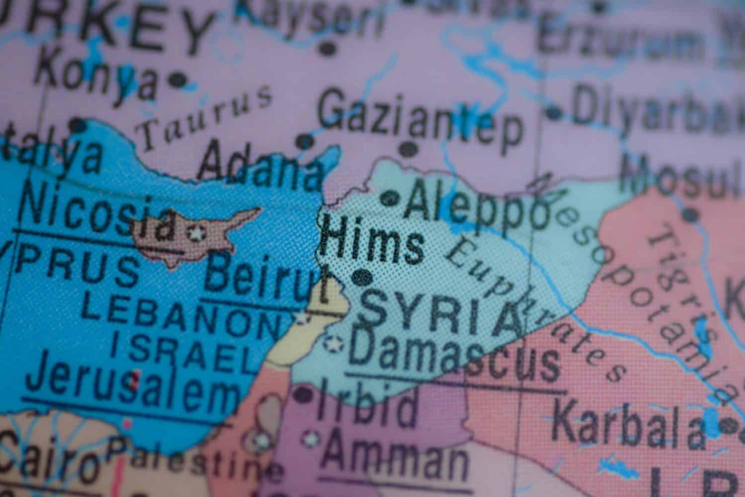 Hims, Syria on political map of globe, travel concept, selective focus, background