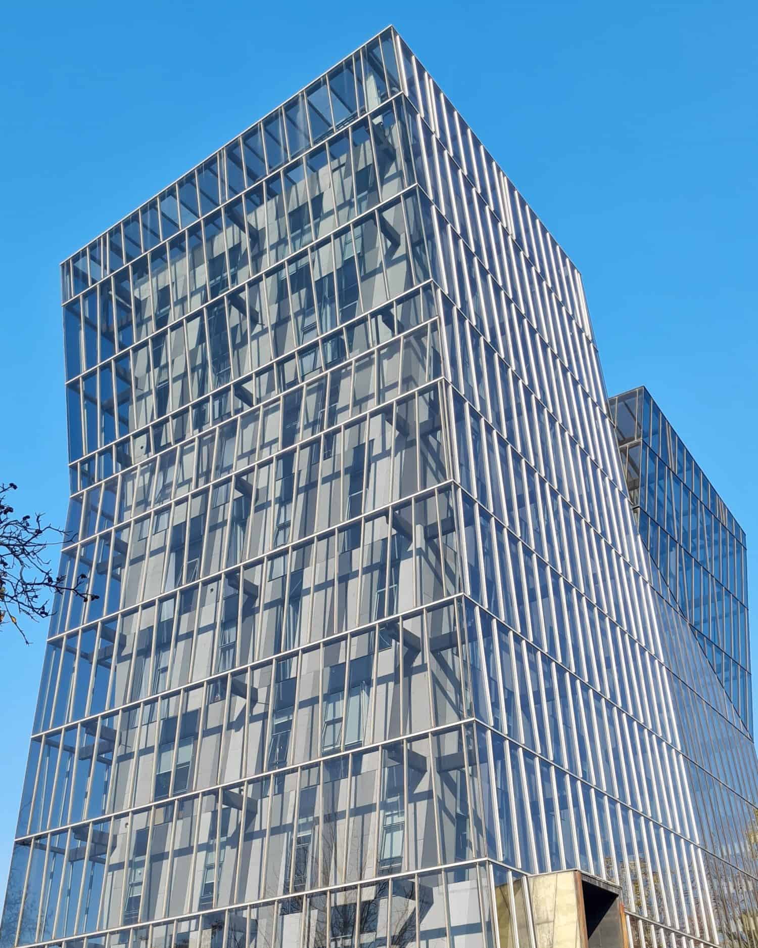 Facade of the Siamese Towers by the architect Alejandro Aravena in the San Joaquín Campus, Pontifical Catholic University of Chile