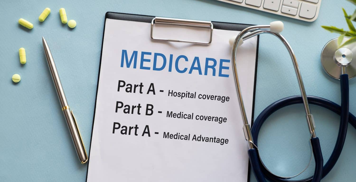 Medicare concept write on medicare form with text Medicare Part A, Part B, Paert A on Blue Table.