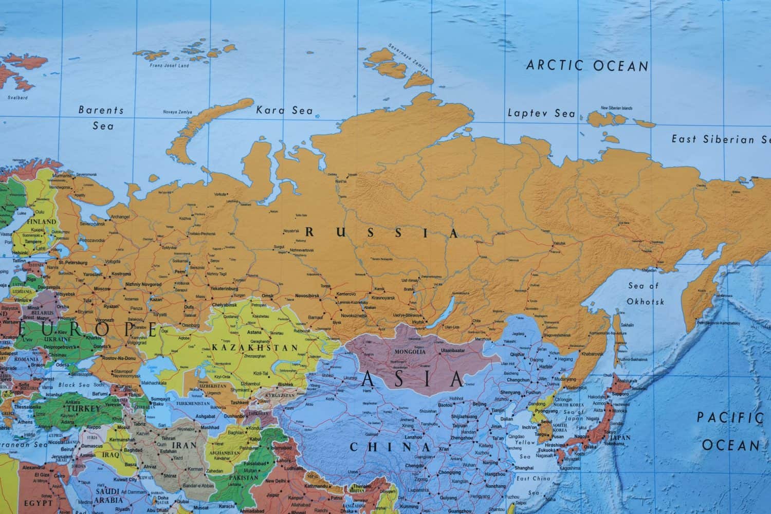 Close up of Russia on world map