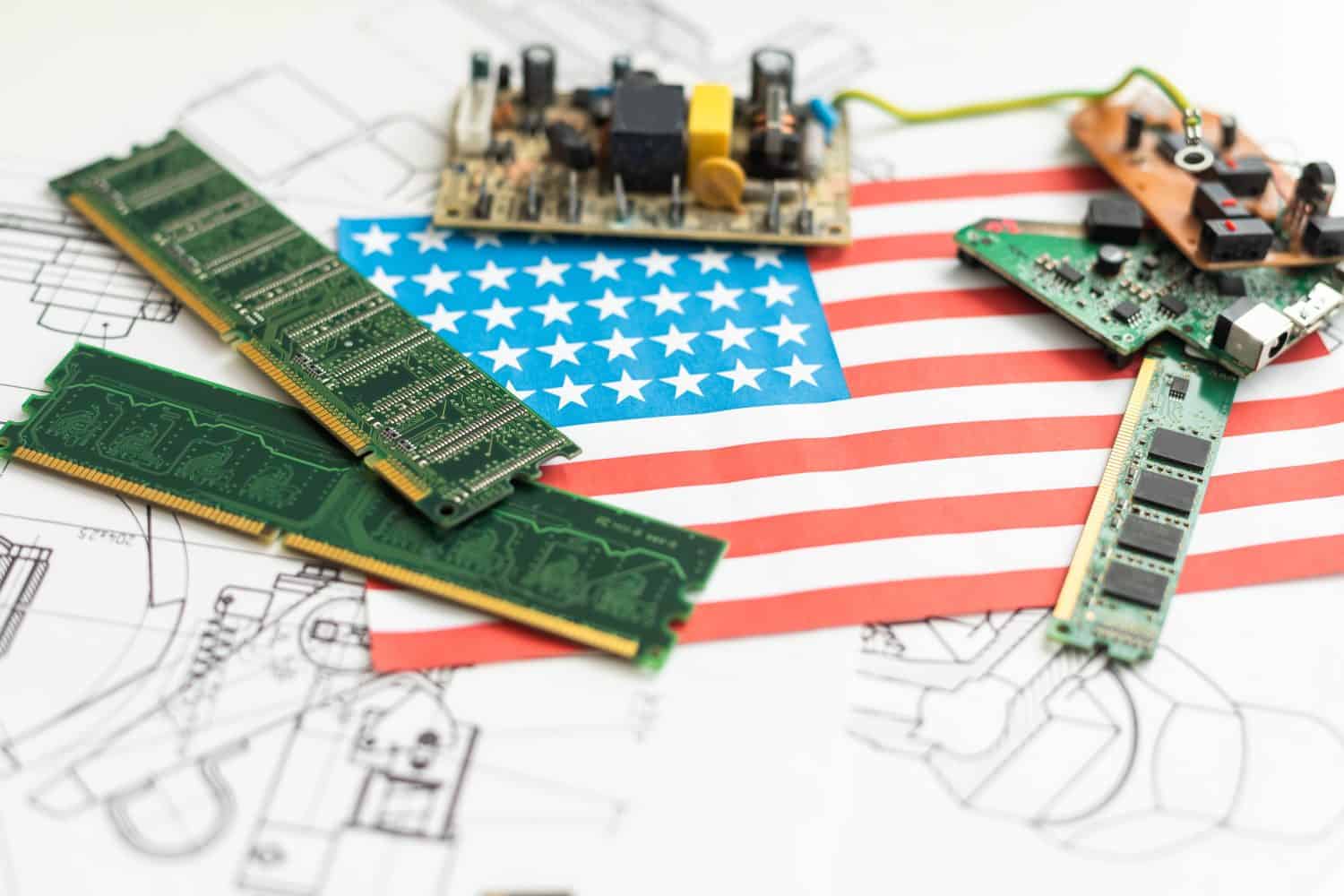 USA flag in the center of a circuit board. Concept of leadership in technology, artificial intelligence or digital cryptocurrencies