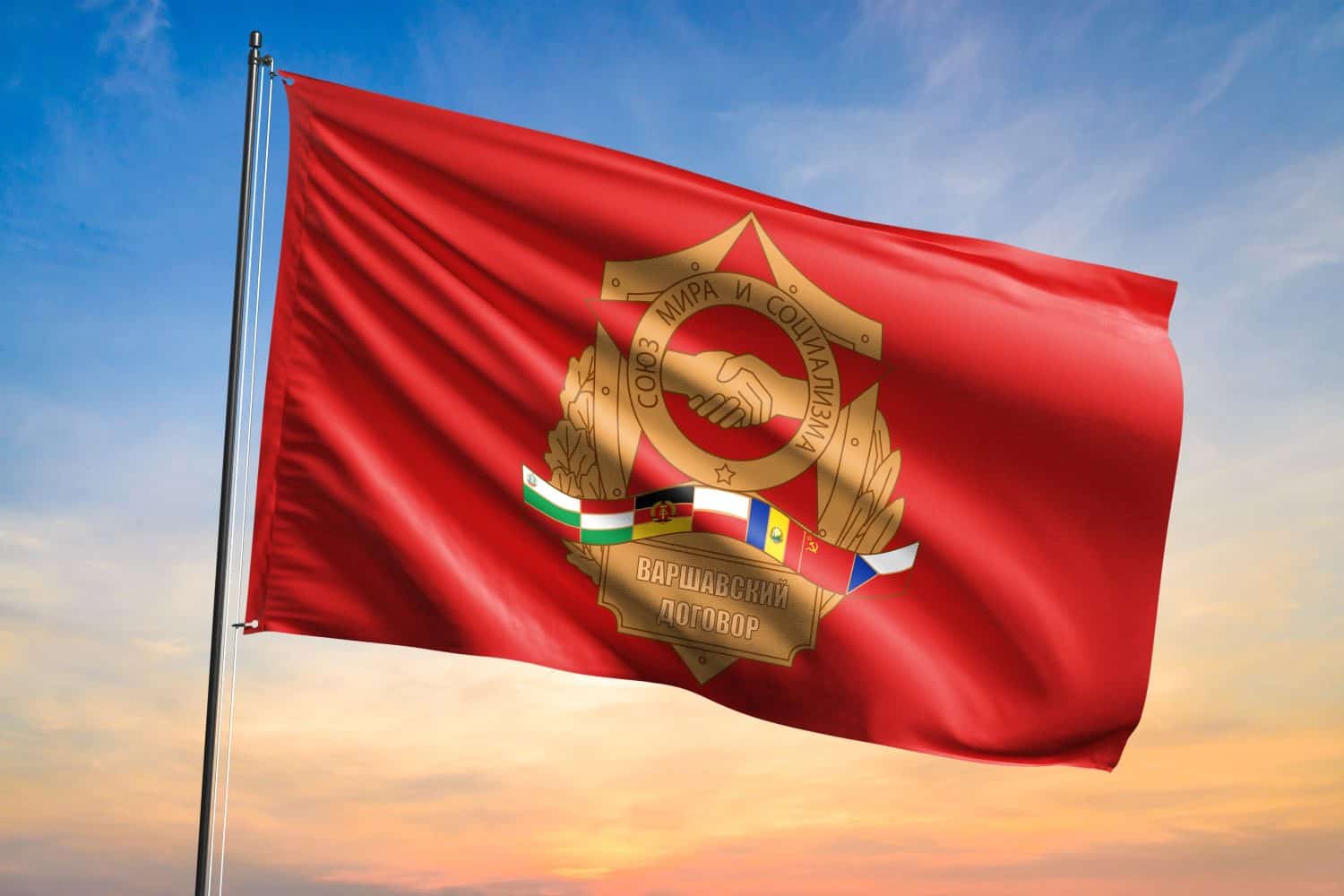 Flag of Warsaw Pact waving flag on sunset view