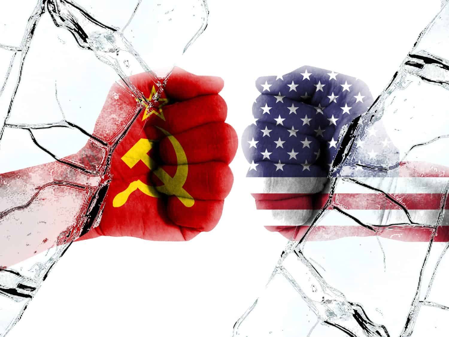 cold war. Flag of the Soviet Union (1922-1991). American flag (50 stars). Describe the hostile relationship between the two countries. Background or basemap. double exposure hologram